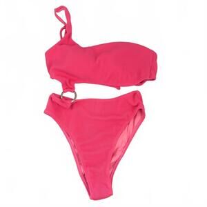 Lulu’s | NWT Bright Neon Hot Pink SwimSuit Bikini Silver Ring One Shoulder Sz L